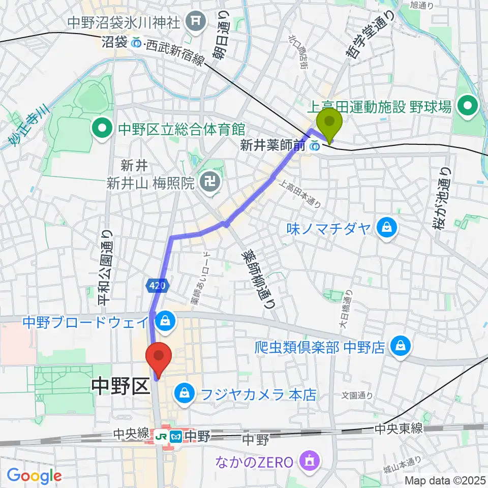 新井薬師前駅からレア中野店へのルートマップ地図