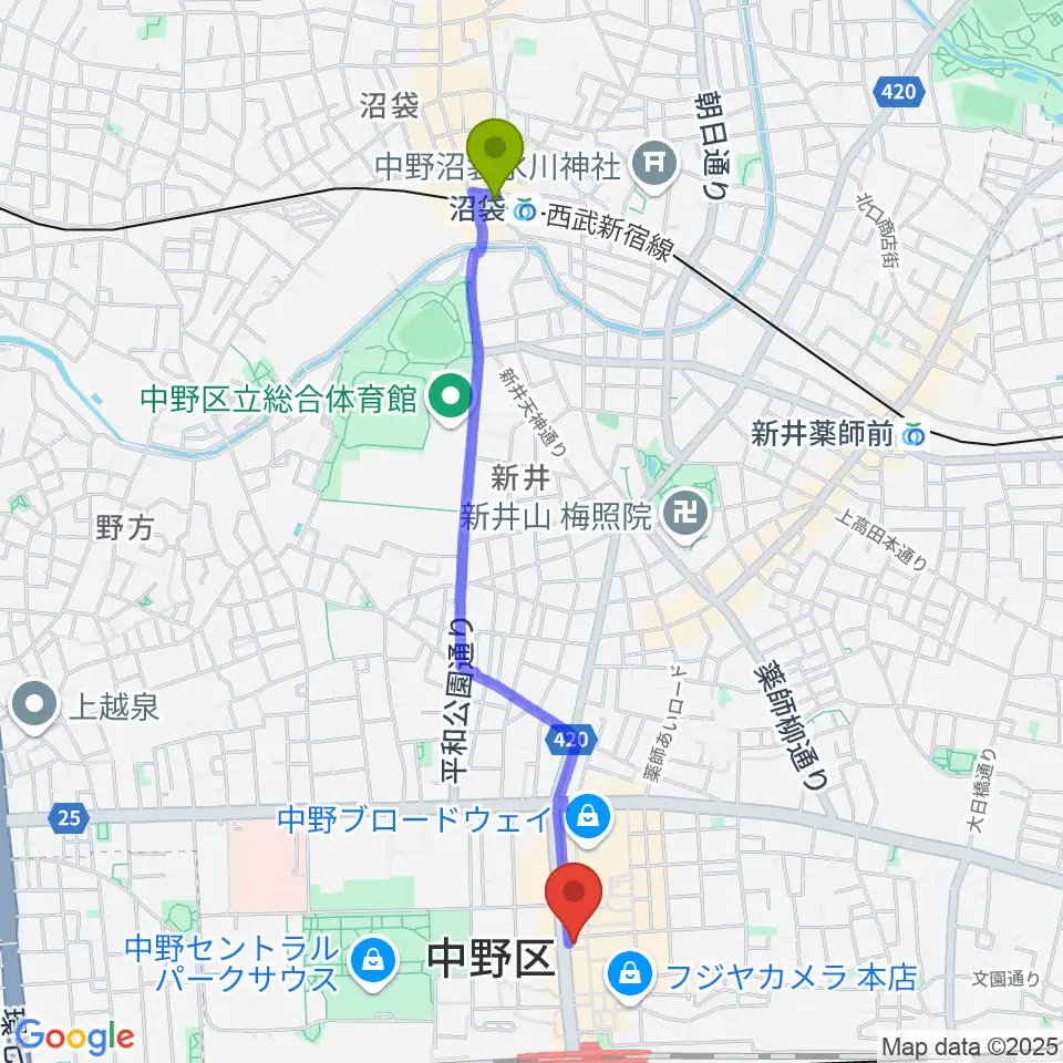 沼袋駅からレア中野店へのルートマップ地図