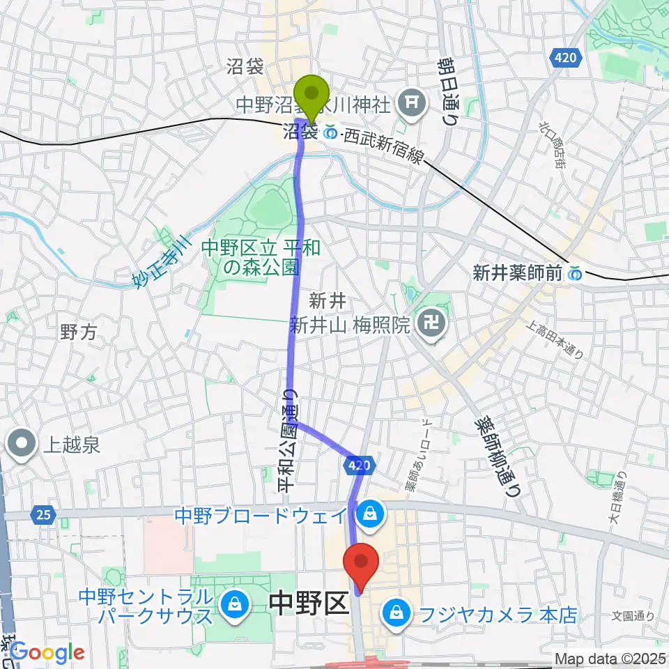沼袋駅からレア中野店へのルートマップ地図