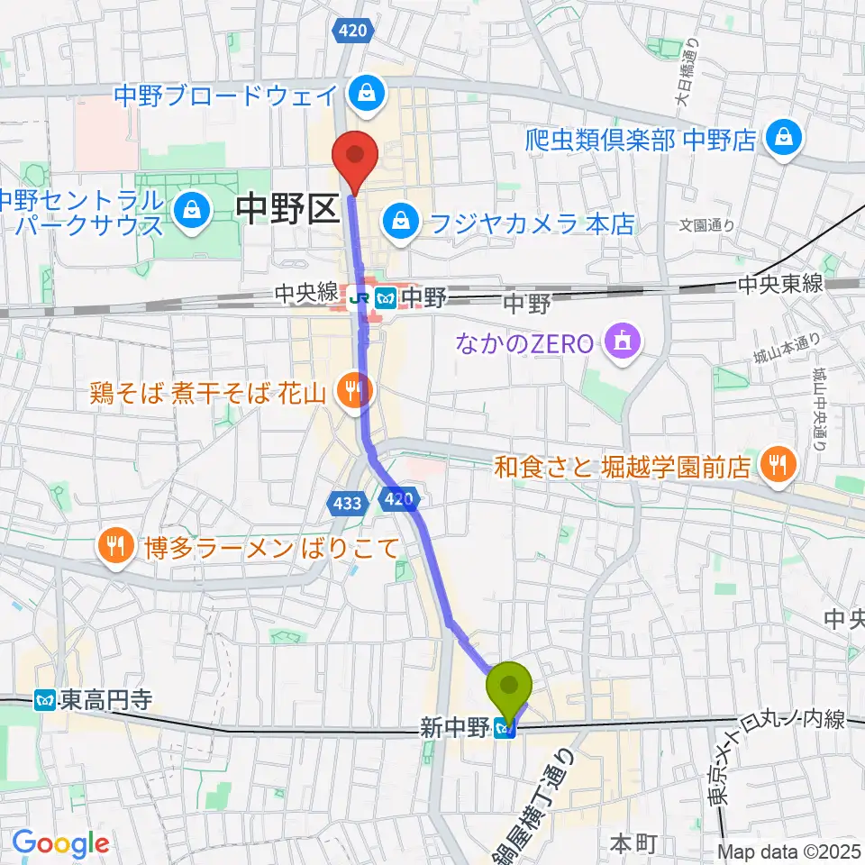 新中野駅からレア中野店へのルートマップ地図