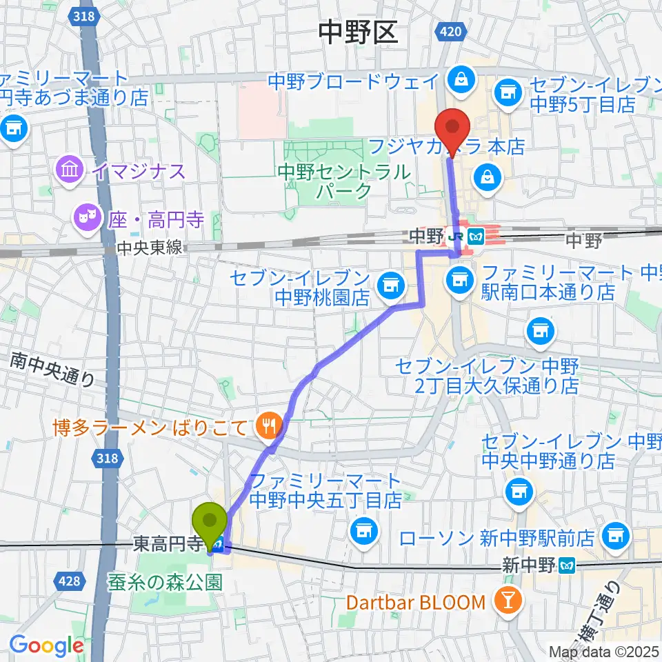 東高円寺駅からレア中野店へのルートマップ地図