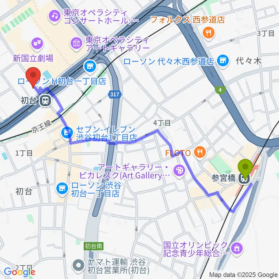 参宮橋駅から初台DOORSへのルートマップ地図