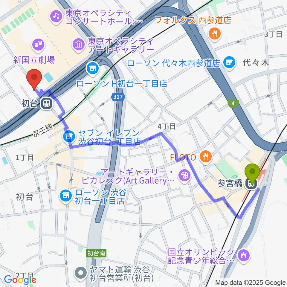 参宮橋駅から初台DOORSへのルートマップ地図