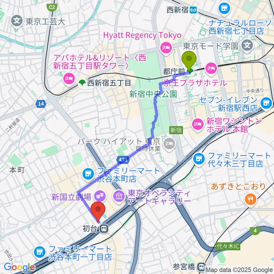 都庁前駅から初台DOORSへのルートマップ地図