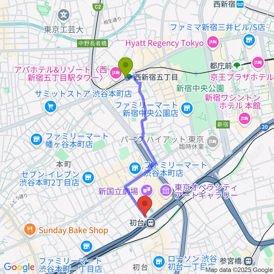 西新宿五丁目駅から初台DOORSへのルートマップ地図