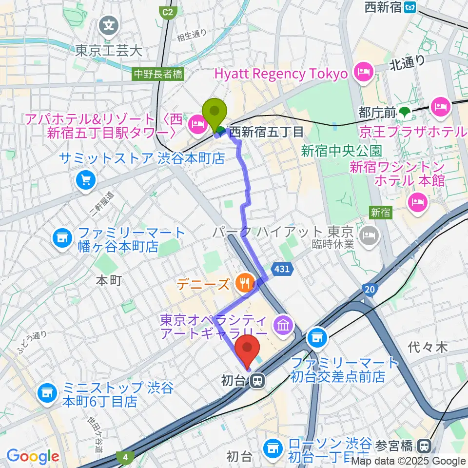 西新宿五丁目駅から初台DOORSへのルートマップ地図