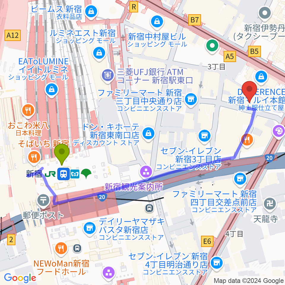 新宿駅からディスクユニオン新宿へのルートマップ地図