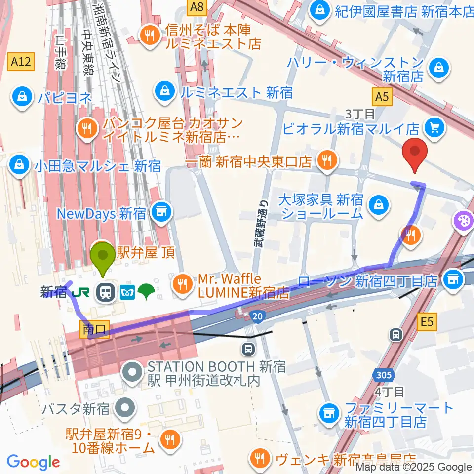 新宿駅からディスクユニオン新宿へのルートマップ地図