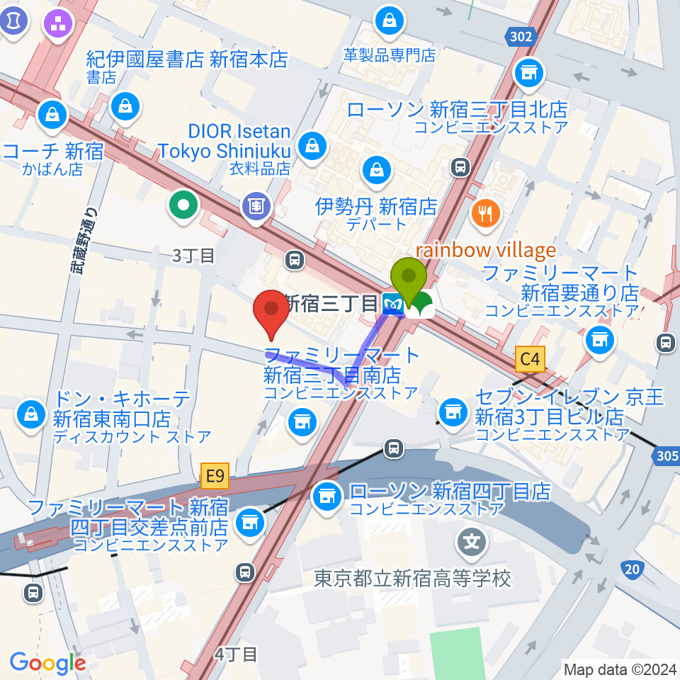 ディスクユニオン新宿の最寄駅新宿三丁目駅からの徒歩ルート（約2分）地図