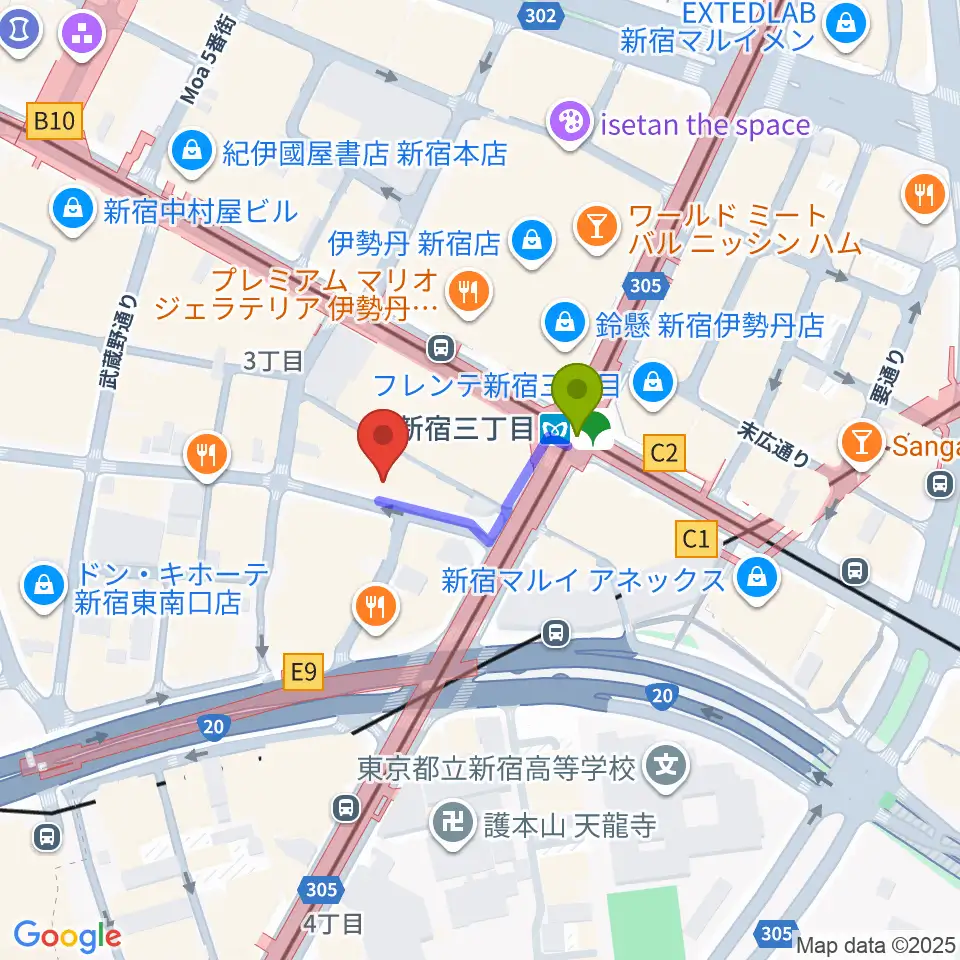 ディスクユニオン新宿の最寄駅新宿三丁目駅からの徒歩ルート（約2分）地図