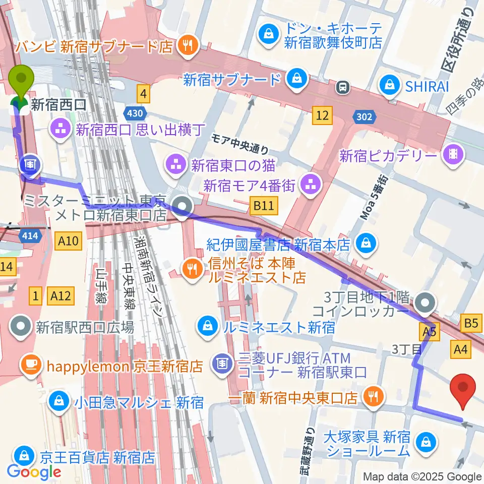 新宿西口駅からディスクユニオン新宿へのルートマップ地図
