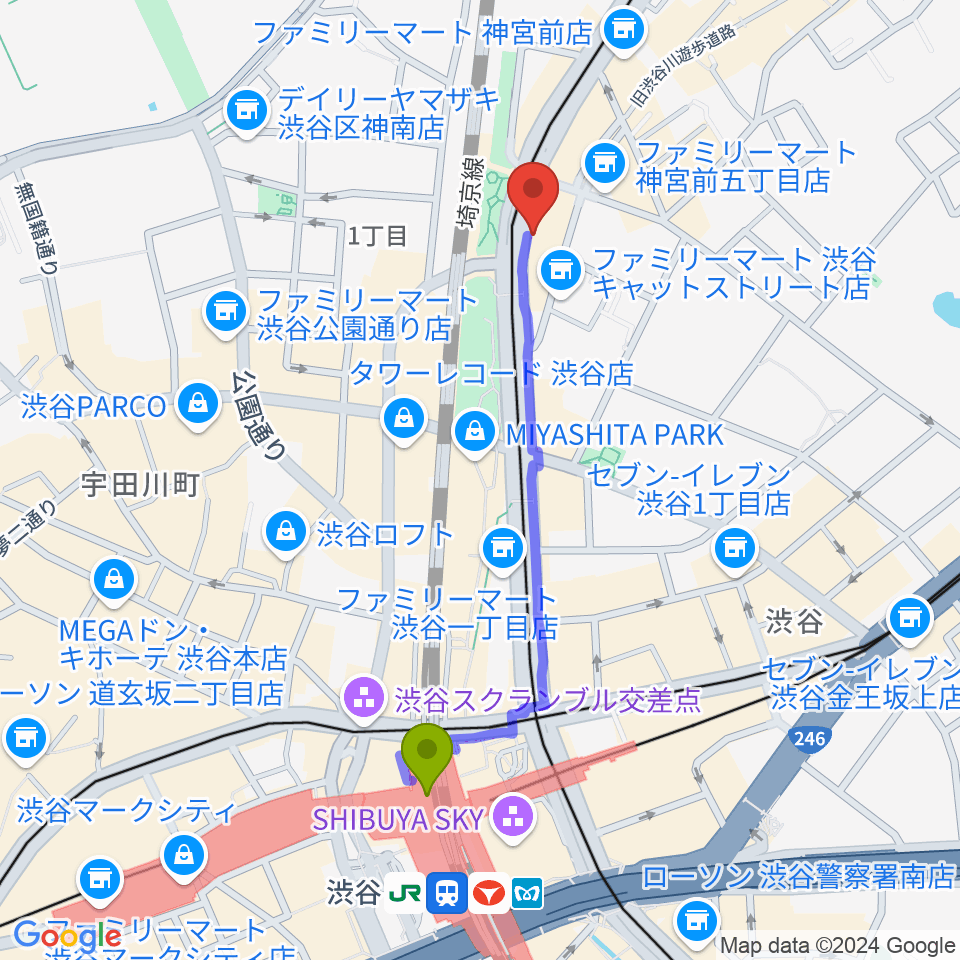 ハイファイ・レコード・ストアの最寄駅渋谷駅からの徒歩ルート（約9分）地図