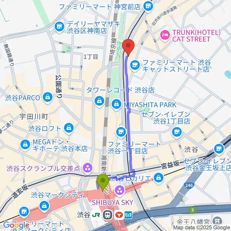 ハイファイ・レコード・ストアの最寄駅渋谷駅からの徒歩ルート（約9分）地図