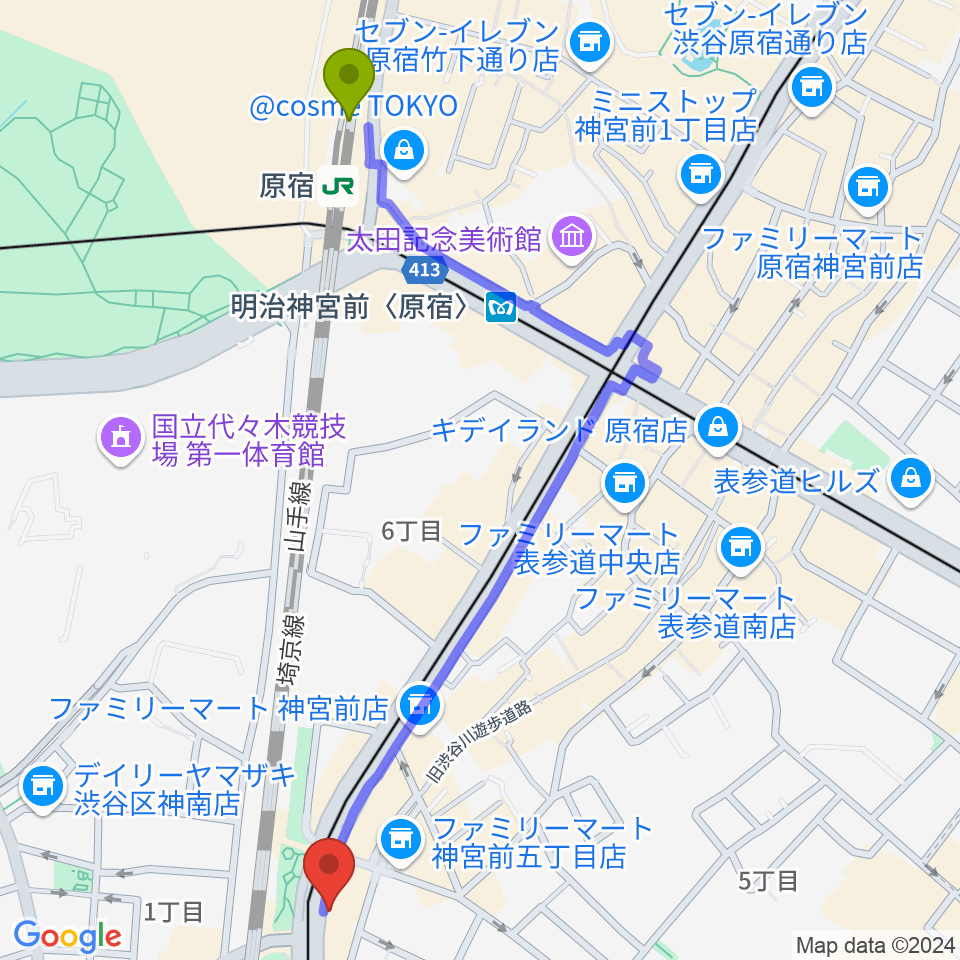 原宿駅からハイファイ・レコード・ストアへのルートマップ地図