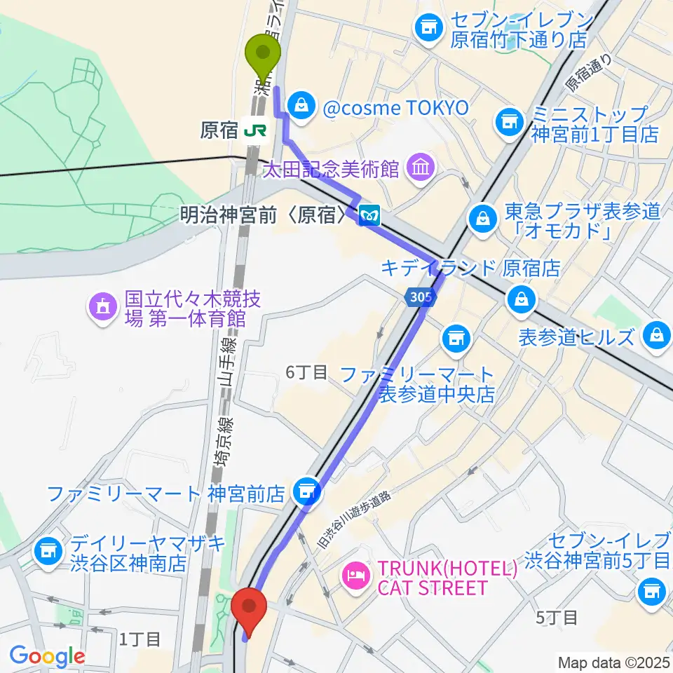 原宿駅からハイファイ・レコード・ストアへのルートマップ地図