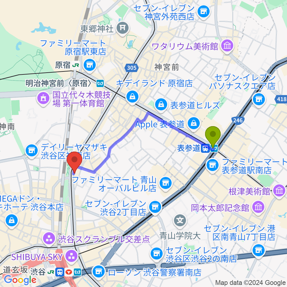 表参道駅からハイファイ・レコード・ストアへのルートマップ地図