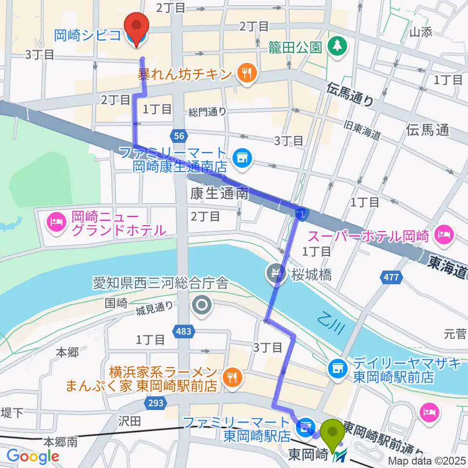 バナナレコード岡崎シビコ店の最寄駅東岡崎駅からの徒歩ルート（約15分）地図