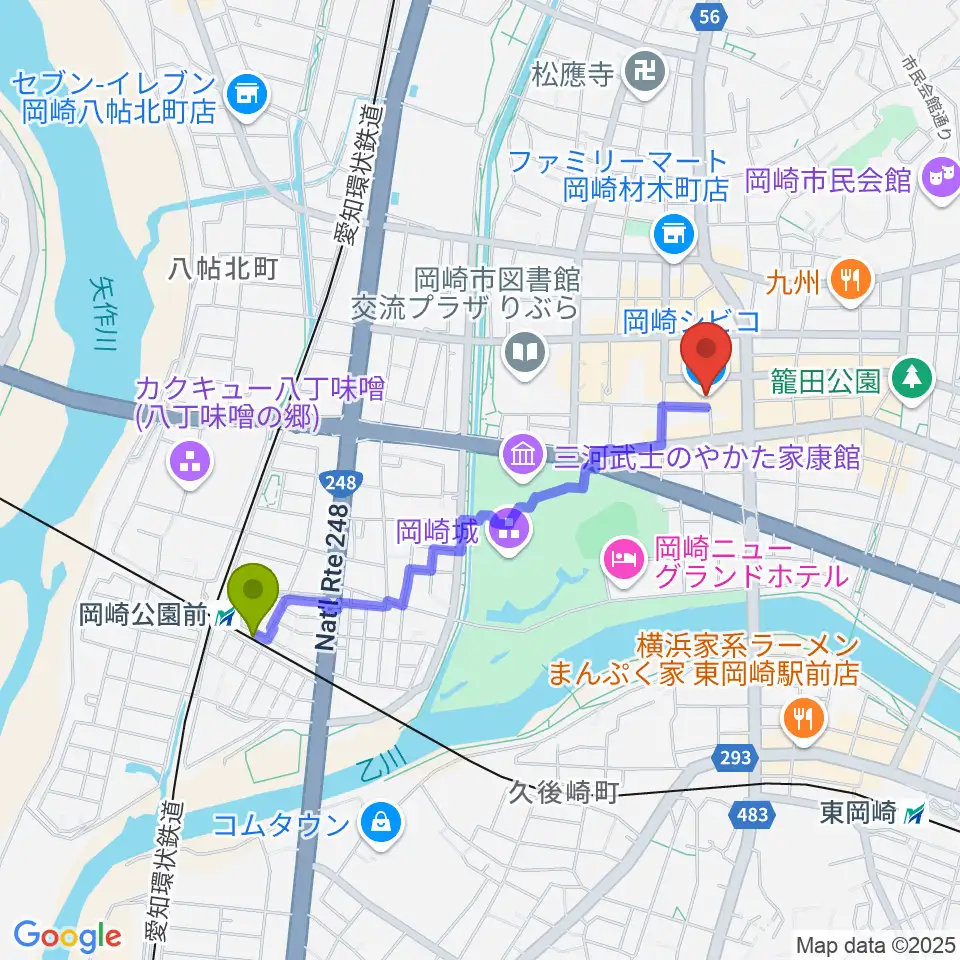 岡崎公園前駅からバナナレコード岡崎シビコ店へのルートマップ地図