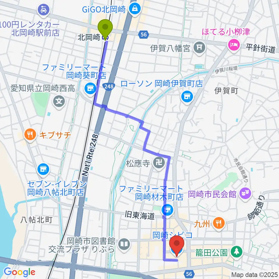 北岡崎駅からバナナレコード岡崎シビコ店へのルートマップ地図