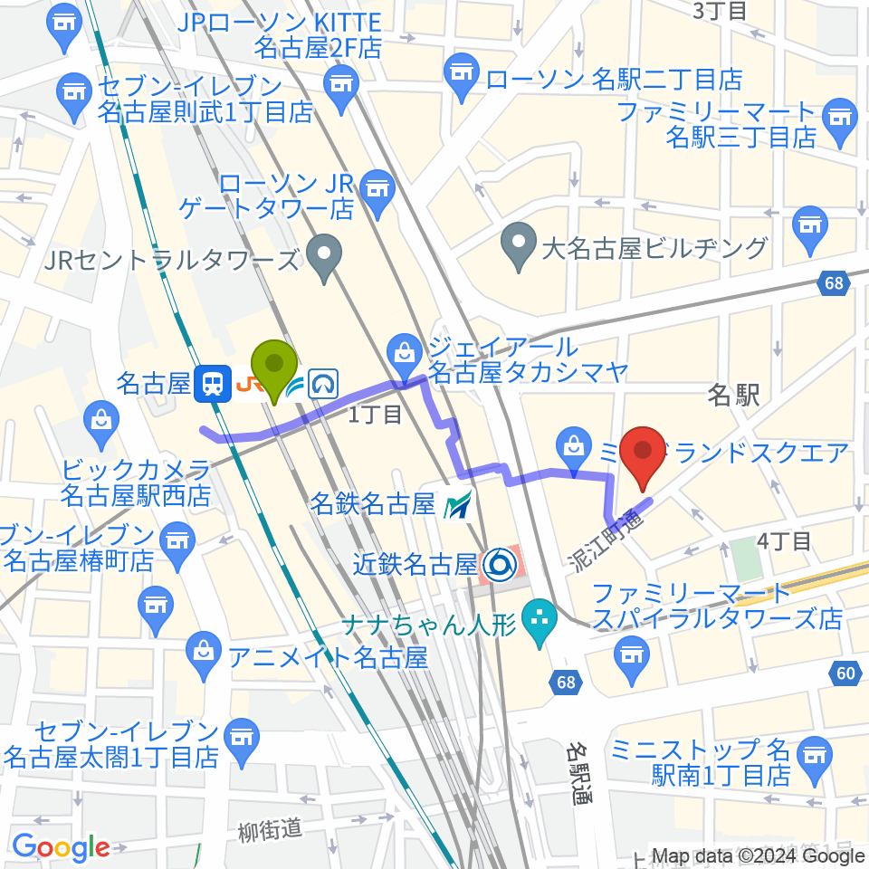 名古屋駅からバナナレコード名駅店へのルートマップ地図