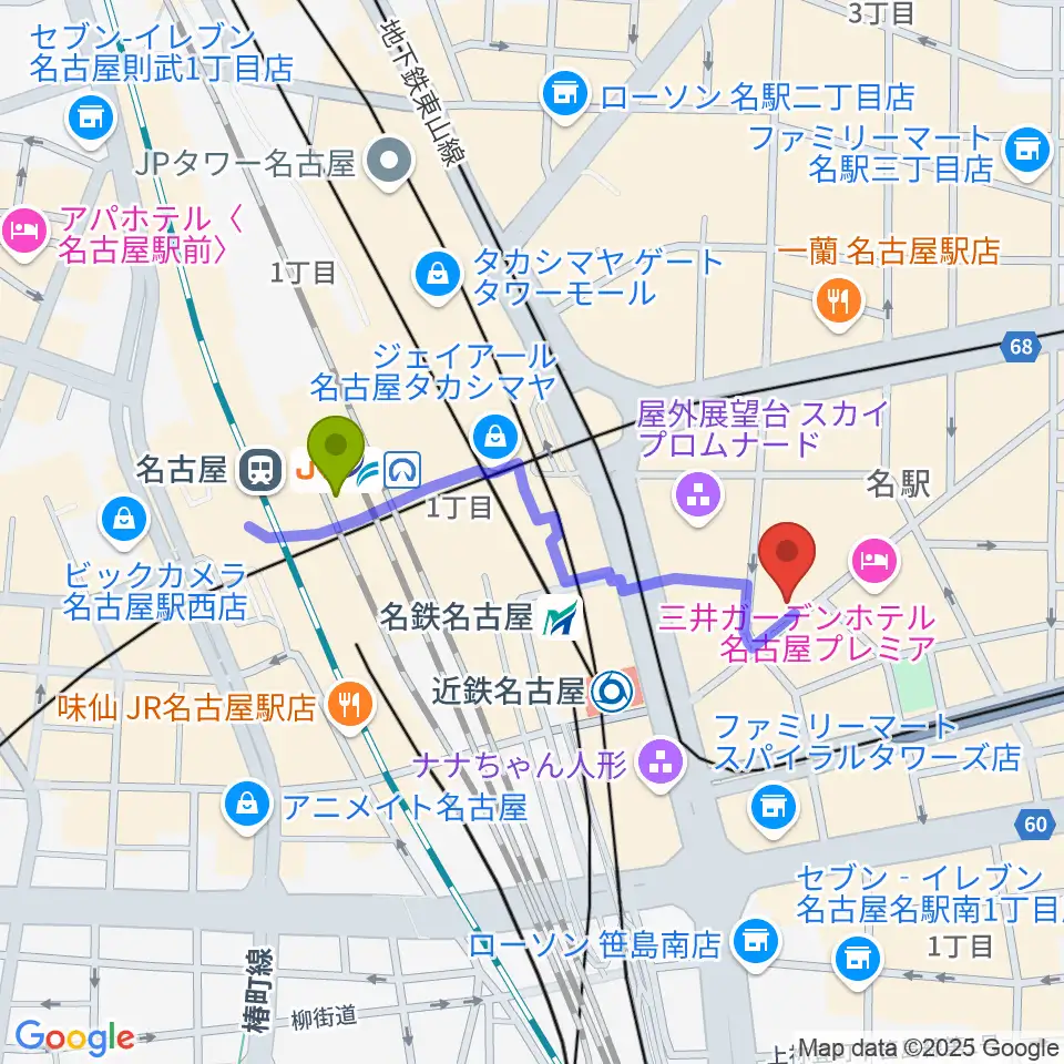 名古屋駅からバナナレコード名駅店へのルートマップ地図