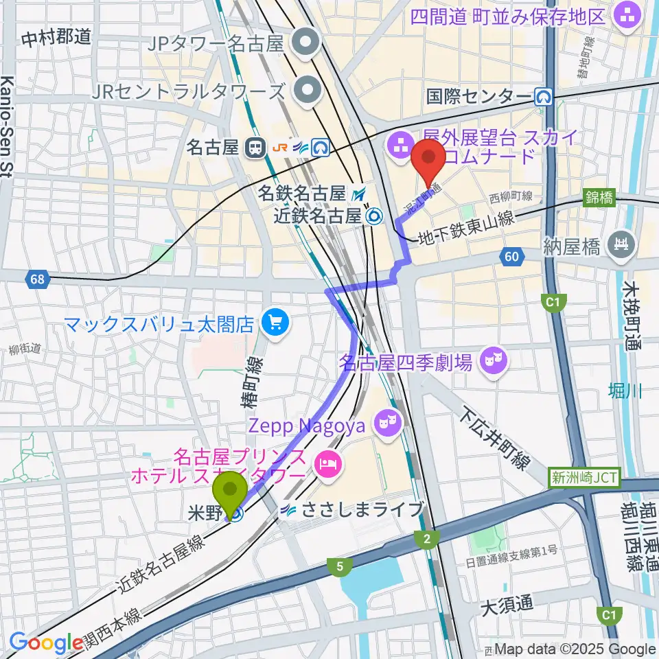 米野駅からバナナレコード名駅店へのルートマップ地図