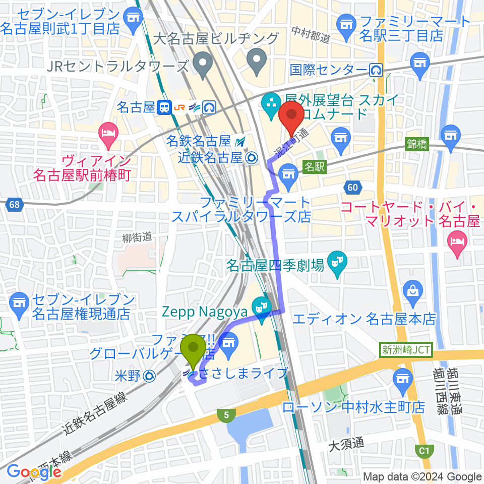 ささしまライブ駅からバナナレコード名駅店へのルートマップ地図