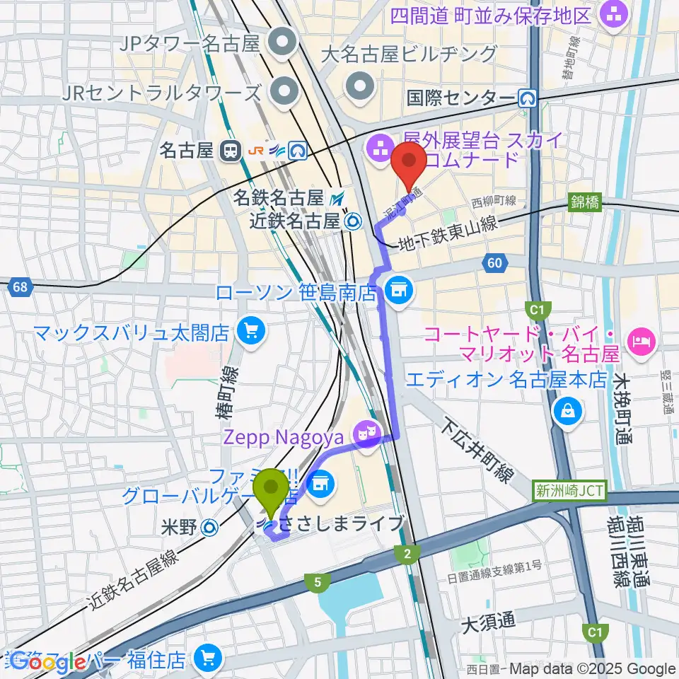 ささしまライブ駅からバナナレコード名駅店へのルートマップ地図