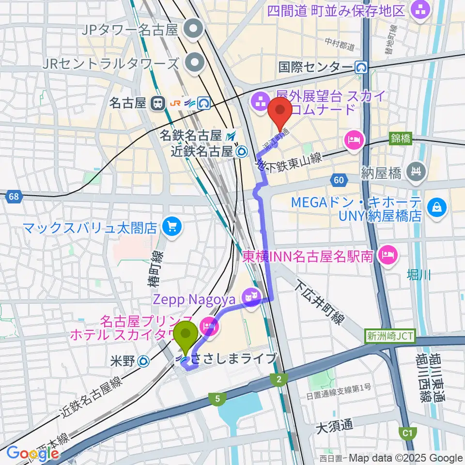 ささしまライブ駅からバナナレコード名駅店へのルートマップ地図