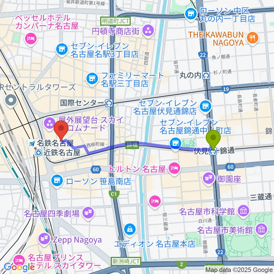 伏見駅からバナナレコード名駅店へのルートマップ地図