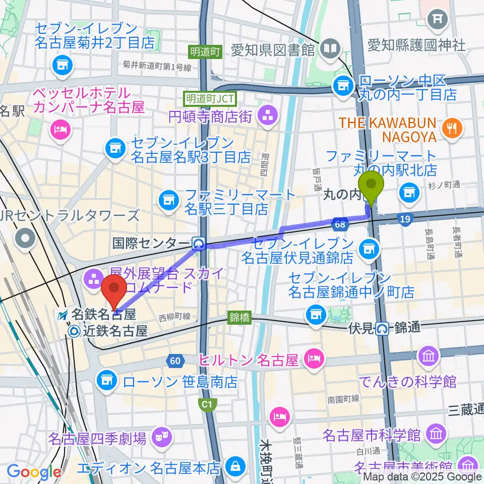 丸の内駅からバナナレコード名駅店へのルートマップ地図