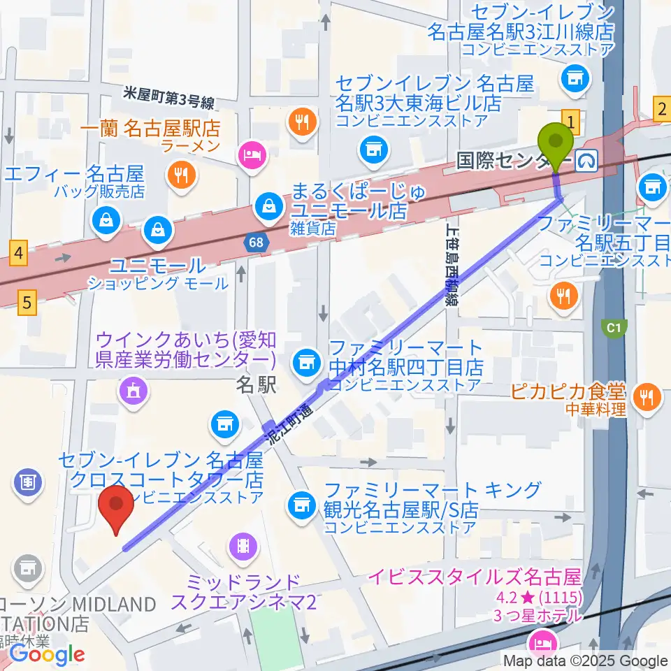 バナナレコード名駅店の最寄駅国際センター駅からの徒歩ルート（約7分）地図