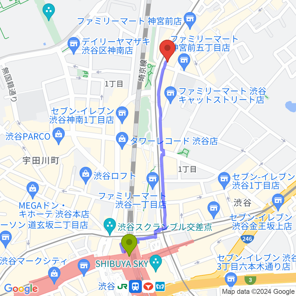原宿クロコダイルの最寄駅渋谷駅からの徒歩ルート 約10分 Mdata