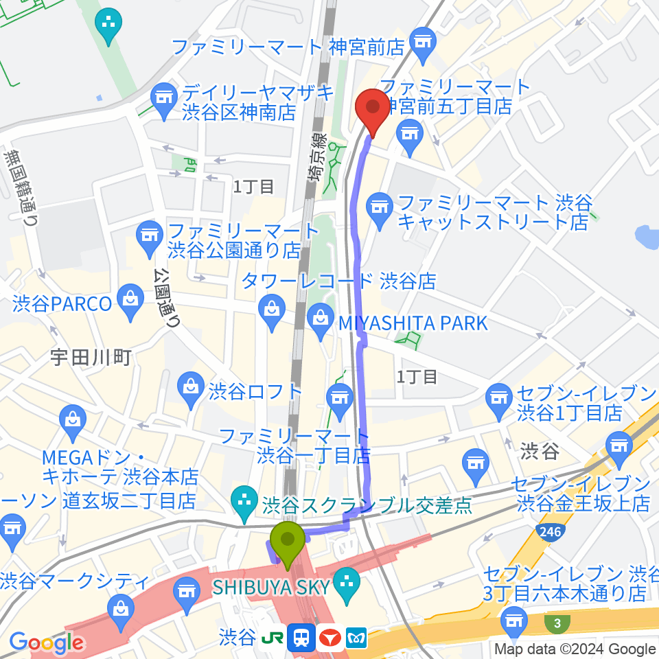 原宿クロコダイルの最寄駅渋谷駅からの徒歩ルート（約10分）地図