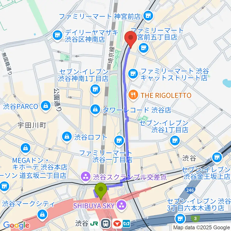 原宿クロコダイルの最寄駅渋谷駅からの徒歩ルート（約10分）地図