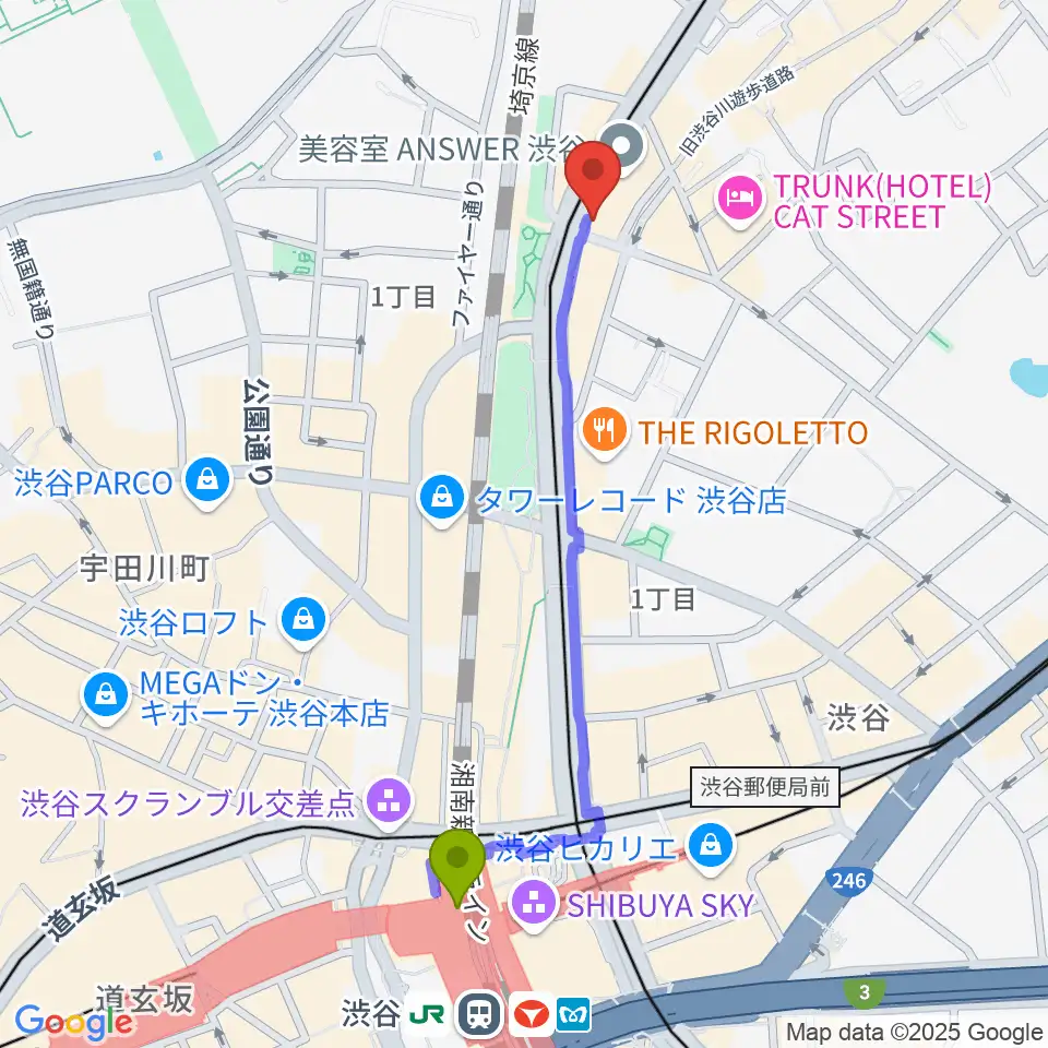 原宿クロコダイルの最寄駅渋谷駅からの徒歩ルート（約10分）地図