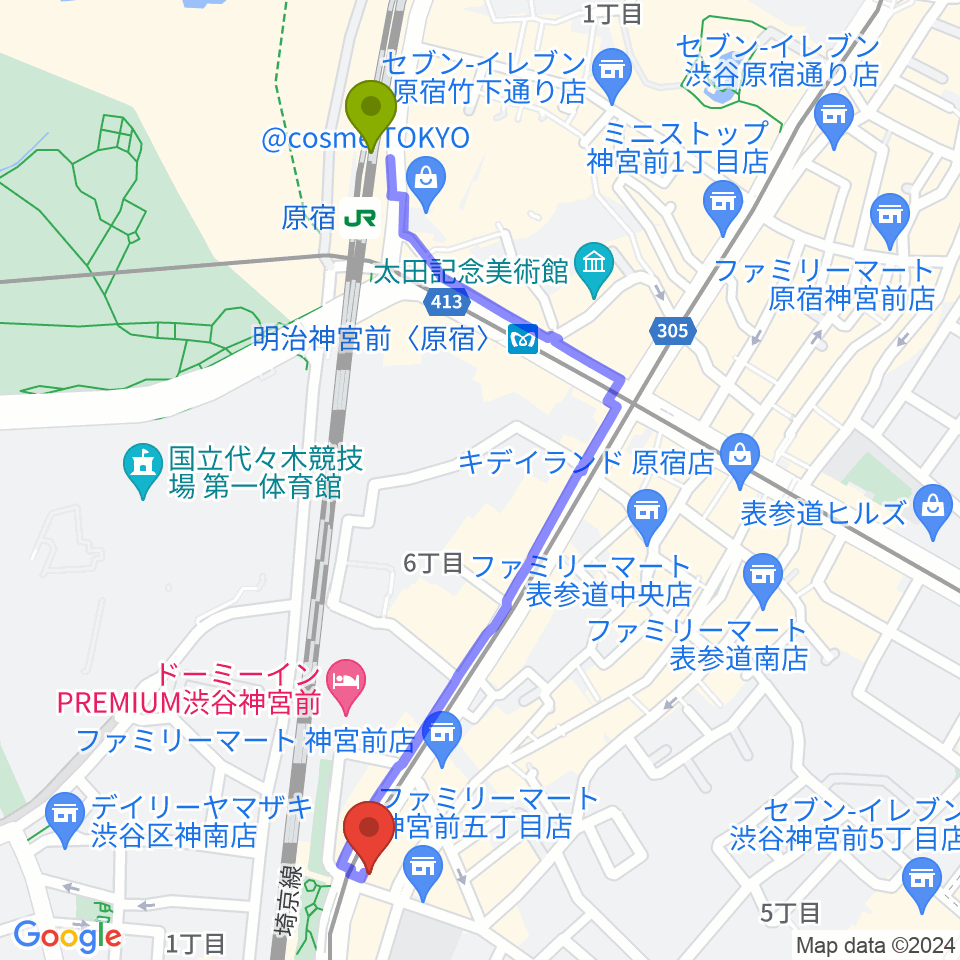原宿駅から原宿クロコダイルへのルートマップ Mdata