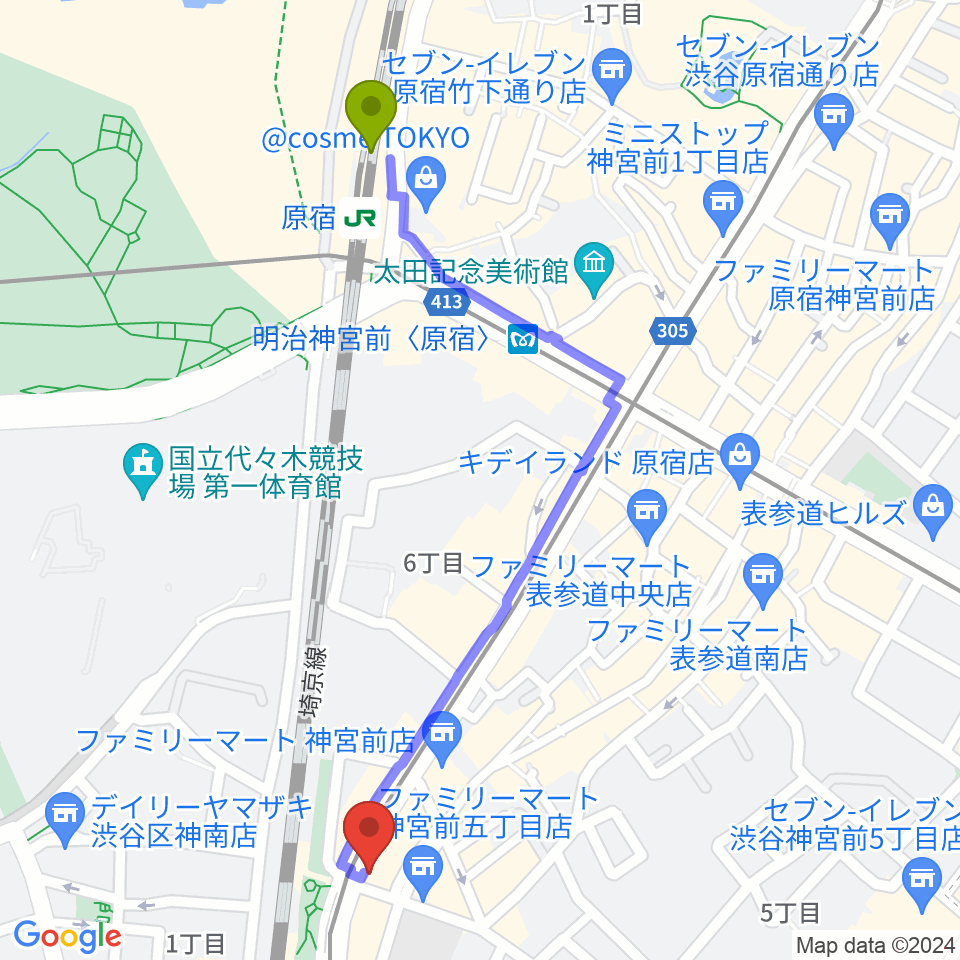 原宿駅から原宿クロコダイルへのルートマップ地図
