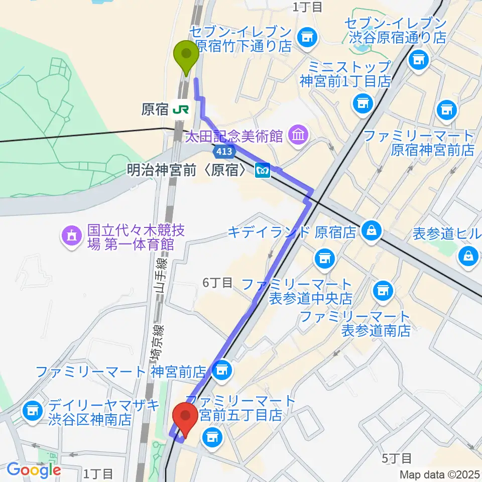 原宿駅から原宿クロコダイルへのルートマップ地図