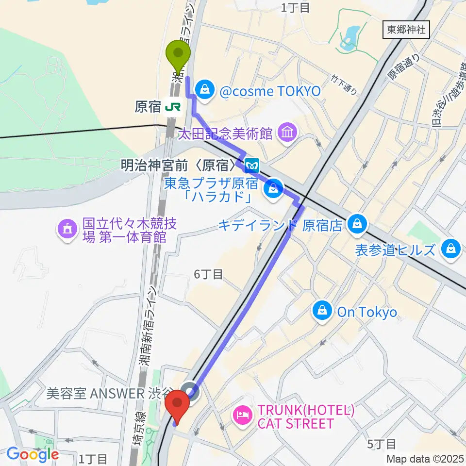 原宿駅から原宿クロコダイルへのルートマップ地図