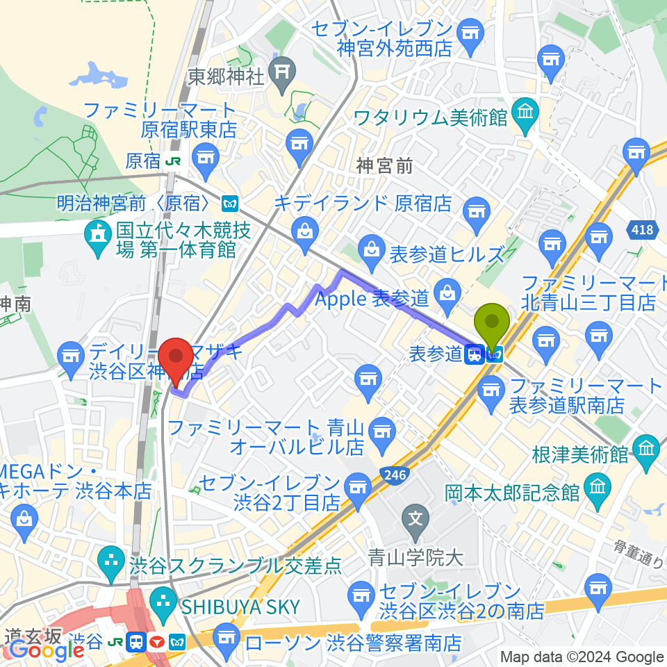 表参道駅から原宿クロコダイルへのルートマップ地図
