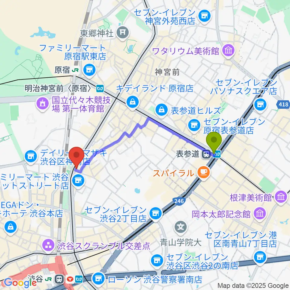 表参道駅から原宿クロコダイルへのルートマップ地図