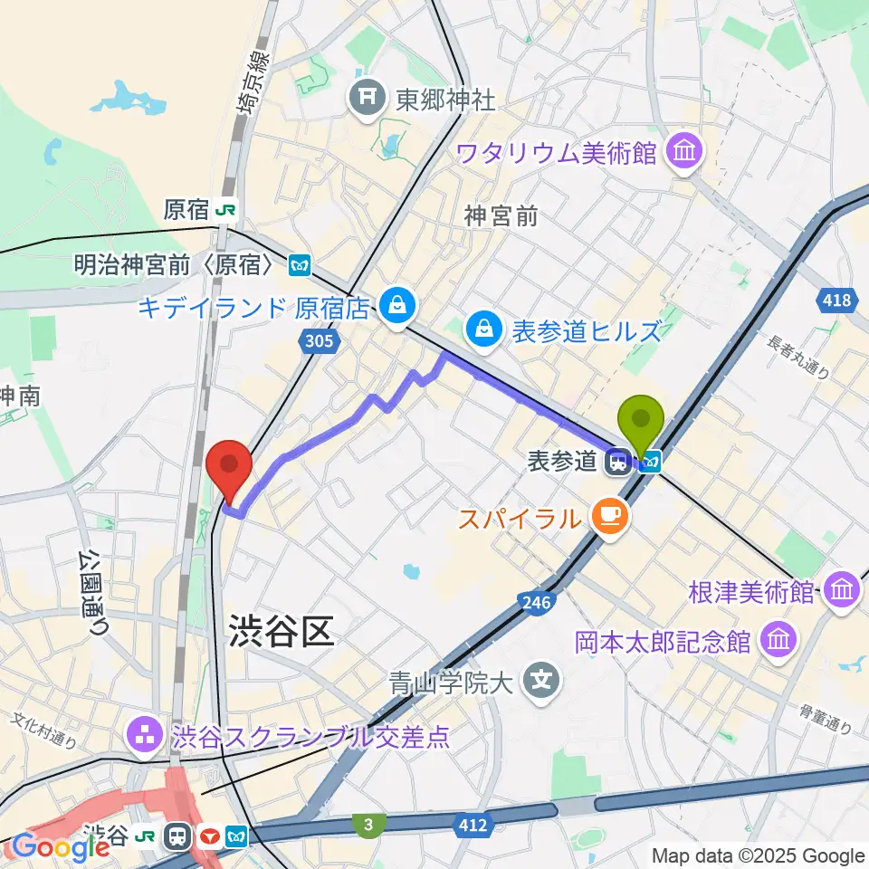 表参道駅から原宿クロコダイルへのルートマップ地図