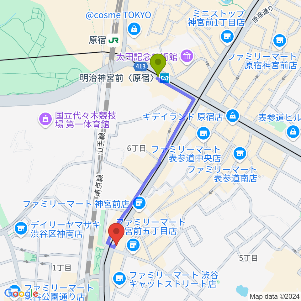 明治神宮前 原宿 駅から原宿クロコダイルへのルートマップ Mdata
