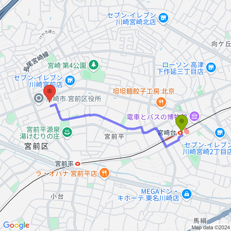 宮崎台駅から川崎市宮前市民館へのルートマップ地図