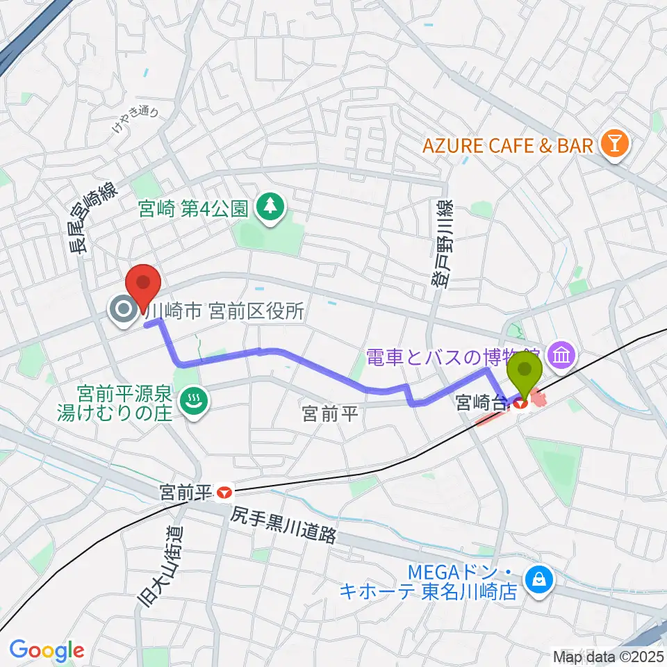 宮崎台駅から川崎市宮前市民館へのルートマップ地図