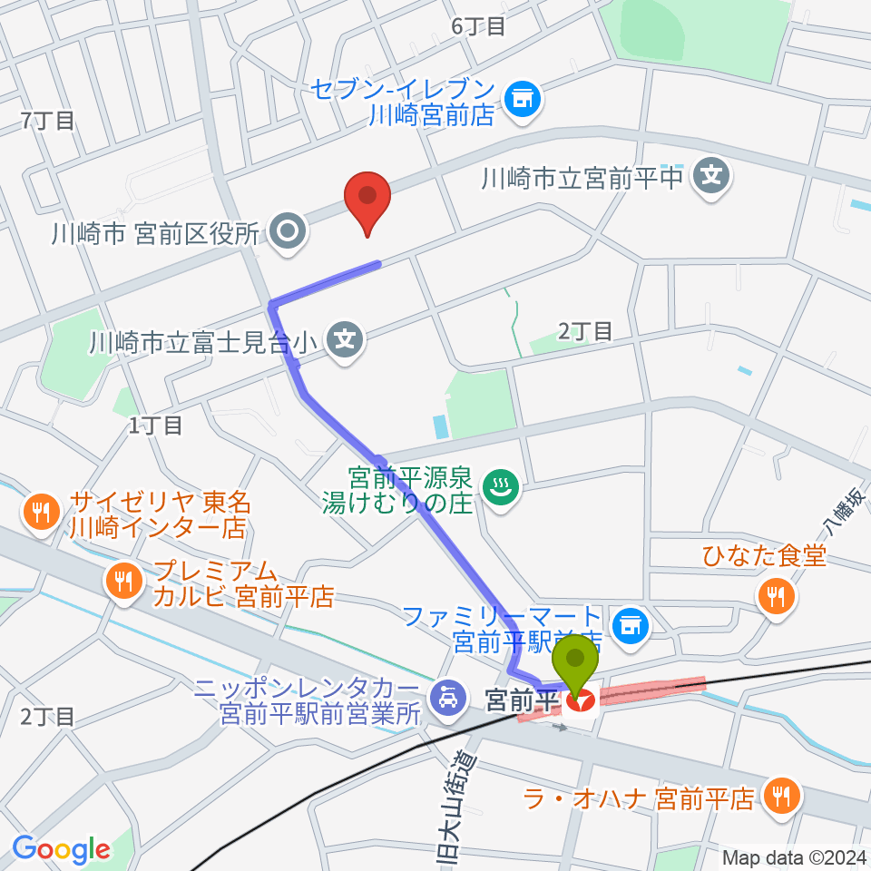 川崎市宮前市民館の最寄駅宮前平駅からの徒歩ルート（約9分）地図