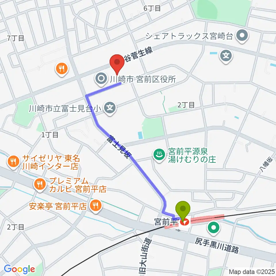 川崎市宮前市民館の最寄駅宮前平駅からの徒歩ルート（約9分）地図