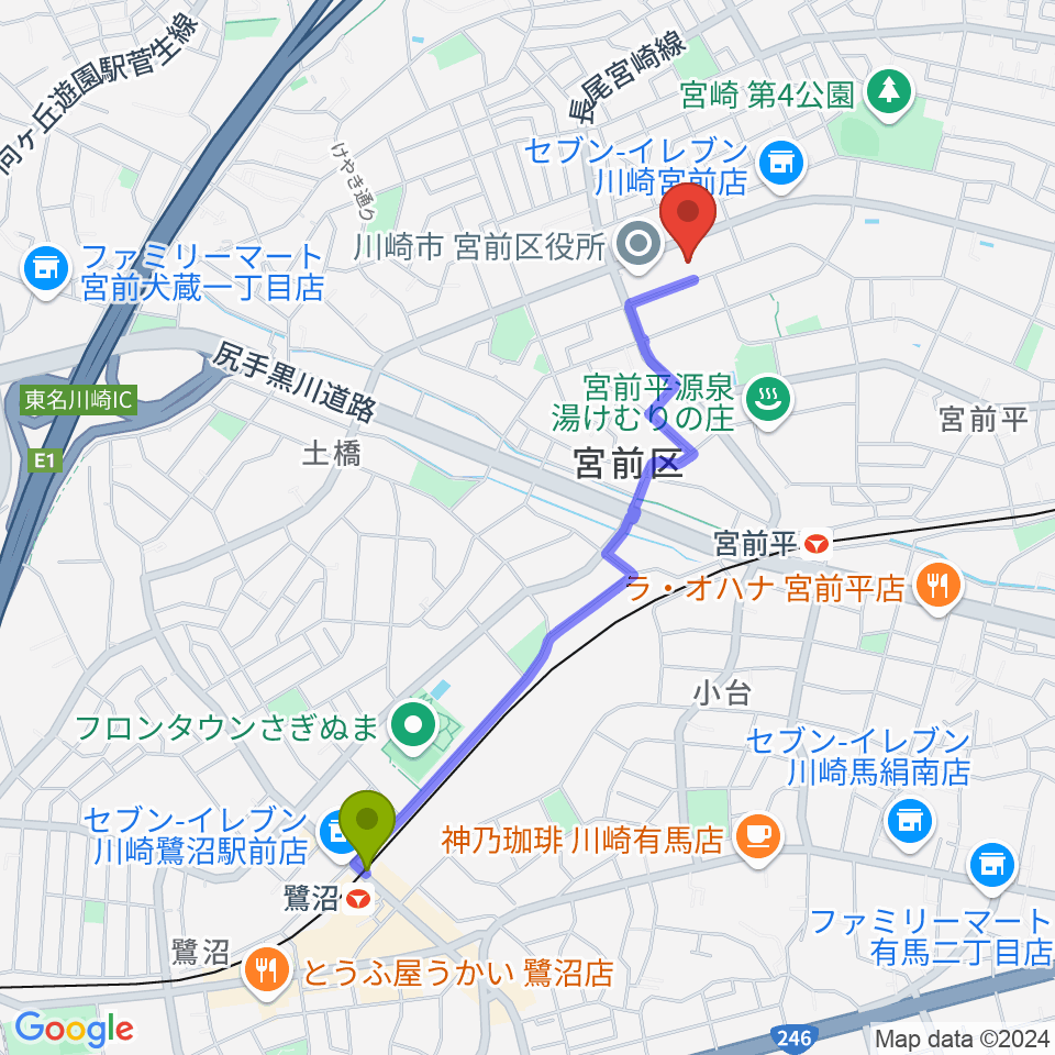 鷺沼駅から川崎市宮前市民館へのルートマップ地図