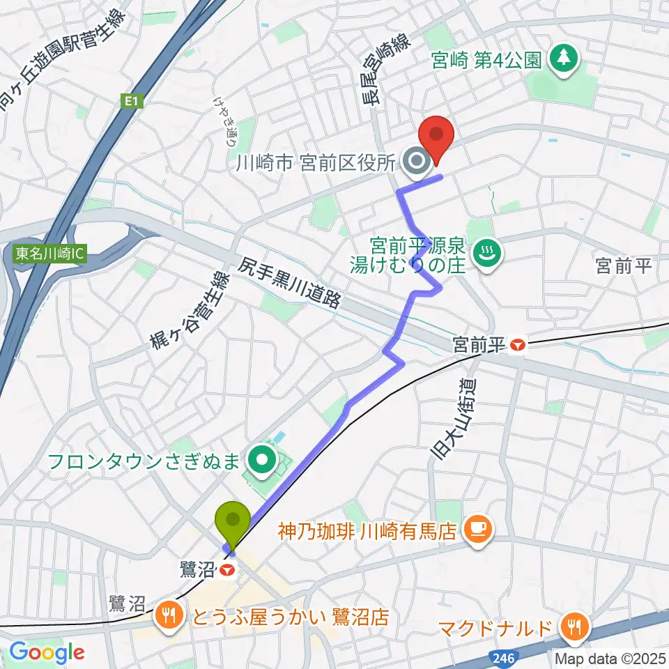 鷺沼駅から川崎市宮前市民館へのルートマップ地図